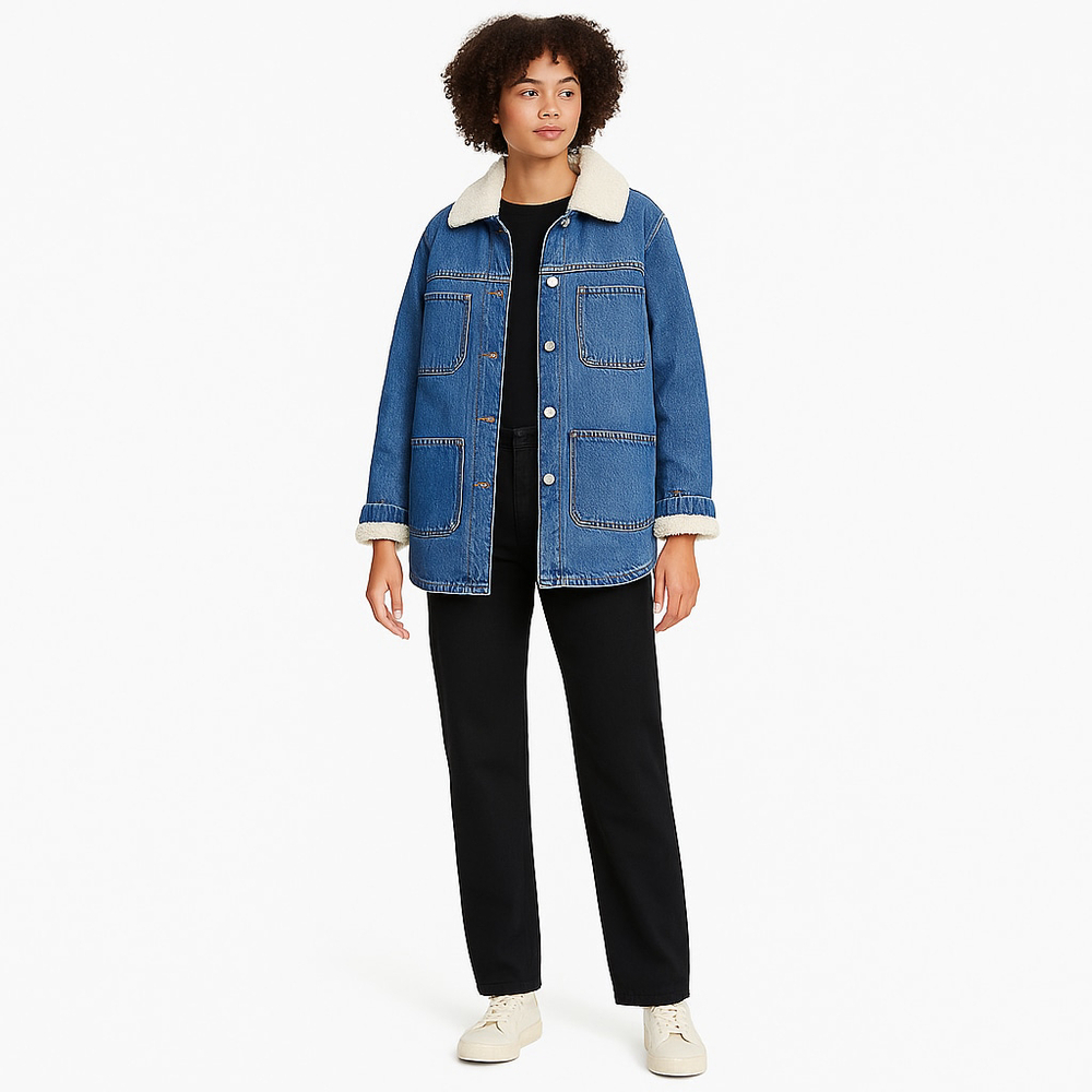 Joe Fresh Sherpa-Lined Denim Jacket XS – Classic Jean Coat with Faux Fur